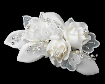 Elegant Bridal Comb Ivory Rose Pearl and Rhinestone Accent Hair Comb