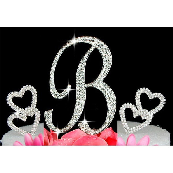 Custom Monogram Cake Toppers with 2 Hearts Design ( Crystal Cake Initial Silver A-Z Any Letter + 2 Crystal Hearts)