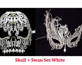 Masquerade Masks for Couples | His and Her Couple Masks Set White Skull Men Mask and Swan Women Mask