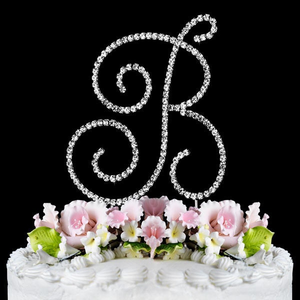 Crystal Monogram Cake Toppers Swirl script with Sparkling Crystal Silver Cake Initial B Large