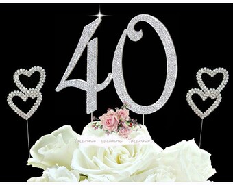 40th Birthday Cake Toppers Silver Diamante Bling Cake Topper 40 and 2 Hearts Cake Picks