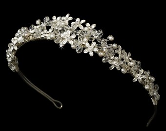 Silver Floral Bridal Headband with Pearls and Crystals