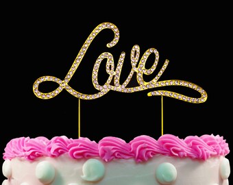 Elegant Love Gold Cake Topper Sparkling Crystal Wedding Cake Toppers Decoration