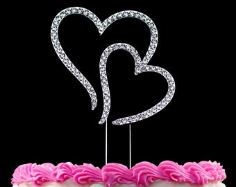 Elegant Double Hearts Become One Crystal Decoration Cake Toppers Silver Wedding Cake Toppers Decoration