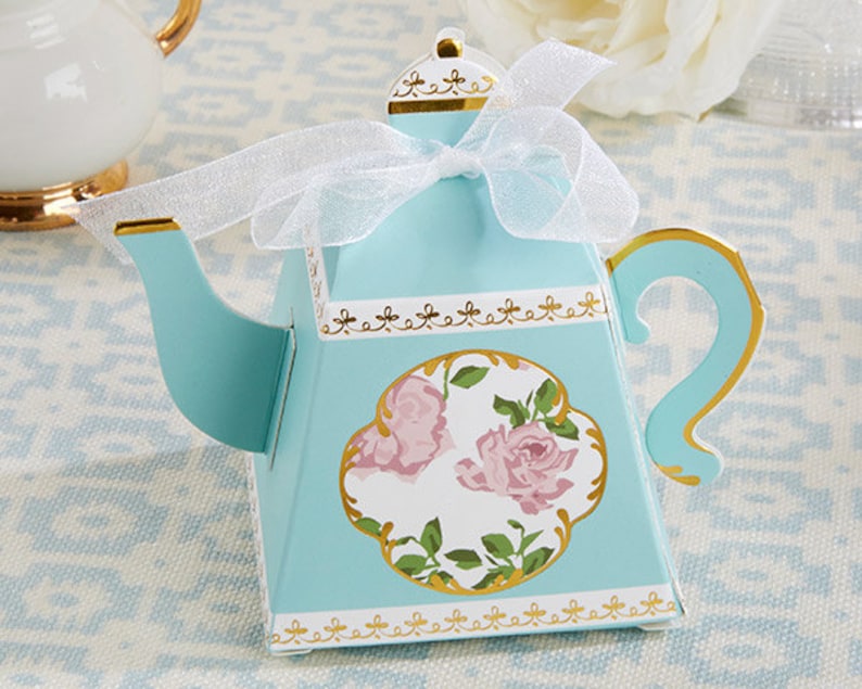 24 Tea Time Whimsy Teapot Favor Boxes bridal Shower Tea Party Favors Lady's Nightout Party Blue or Pink image 2