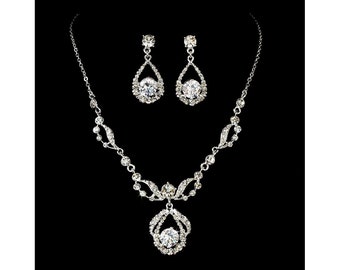 Silver Necklace and Earring Set Encrusted Clear Rhinestones Stunning