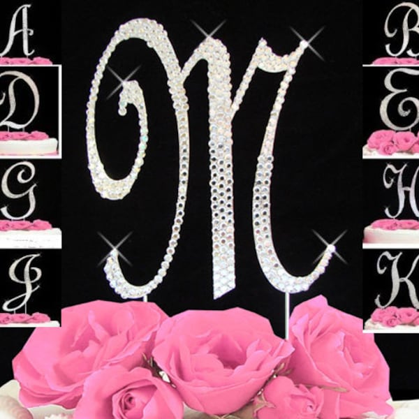 Large Silver Crystal Covered Monogram Cake Topper Letter A-Z Any Initial