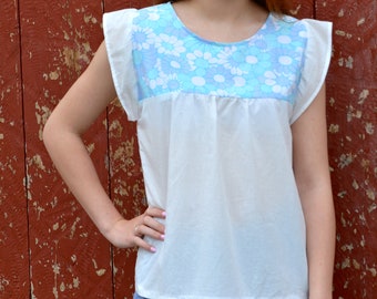 Reduced price! Women's tunic top, white cotton top, white panel top, patterned tunic top