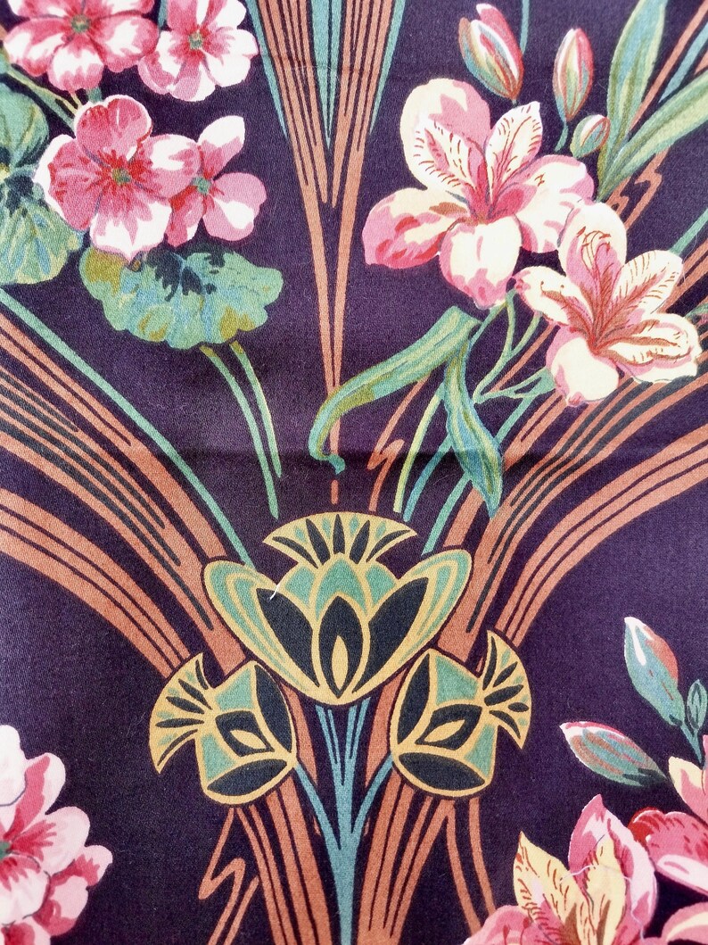 Vintage satin upholstery fabric with floral print and dark background image 1