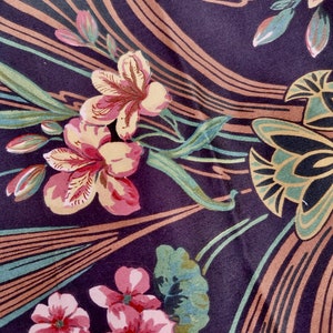 Vintage satin upholstery fabric with floral print and dark background image 4