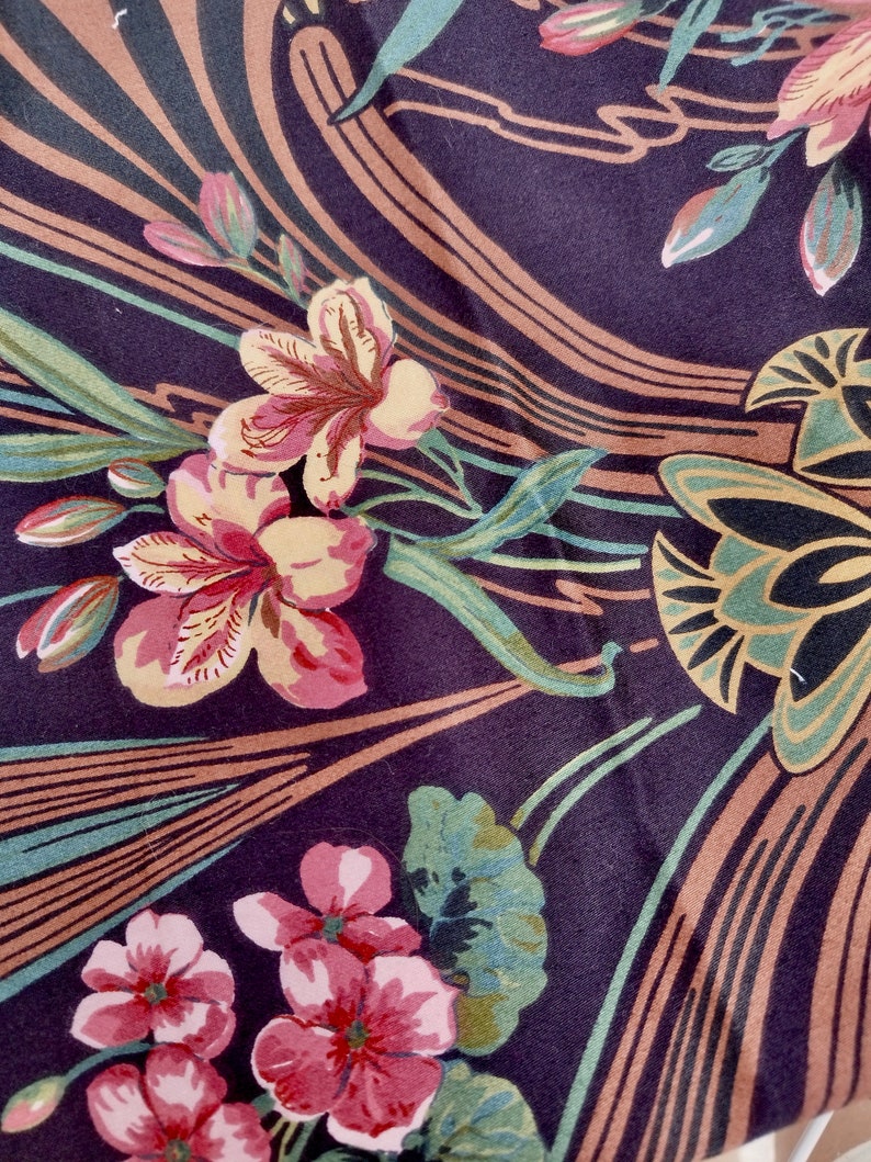 Vintage satin upholstery fabric with floral print and dark background image 4