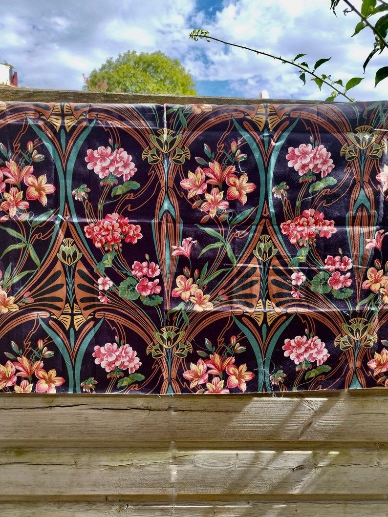 Vintage satin upholstery fabric with floral print and dark background image 5