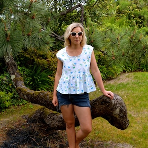 Reduced price! Summer peplum top, smock top, cotton top, vintage fabric, white, rainbow print