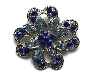 Vintage Silvertone Blue Rhinestone Flower Brooch