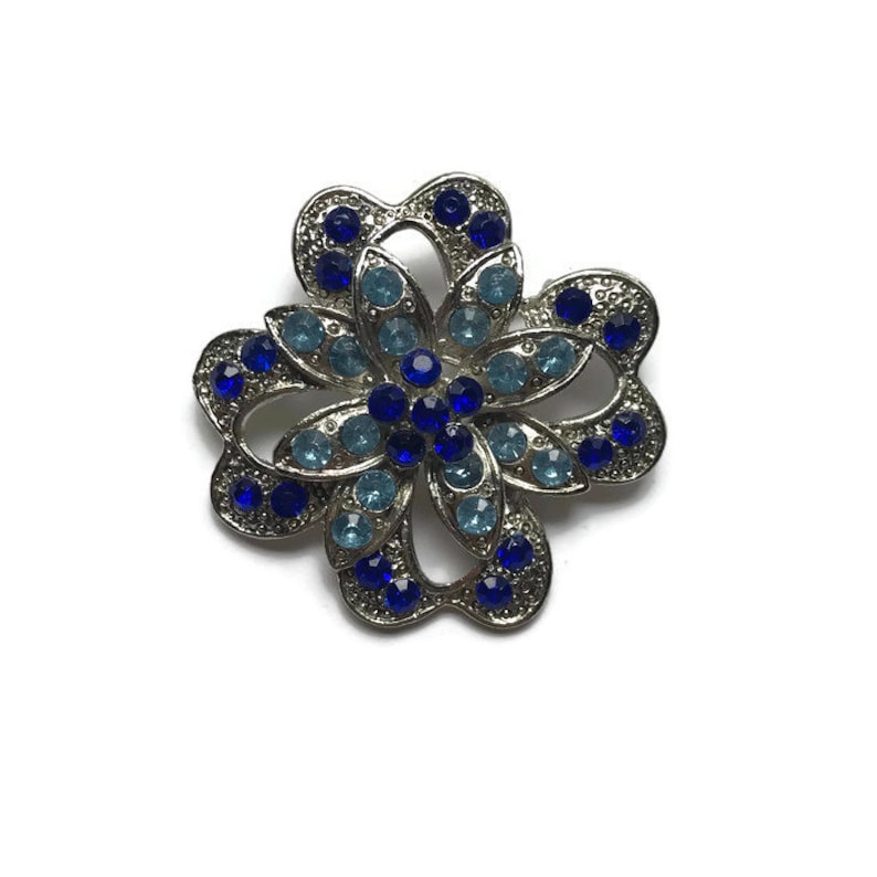 Vintage Silvertone Blue Rhinestone Flower Brooch