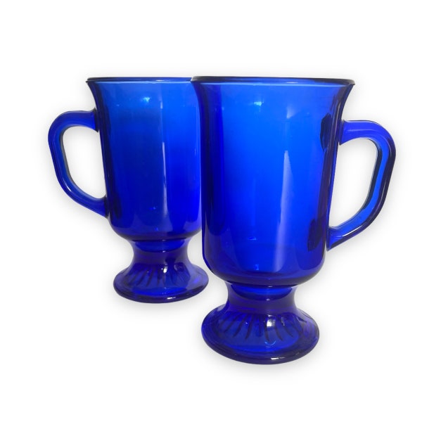 Vintage Set of 2 Cobalt Blue Glass Latte Pedestal Mugs with Handles - Anchor Hocking, Made in USA, MCM, Royal Blue Glass