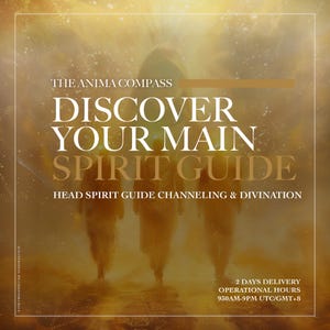 Puede incluir: Imagen dorada con el texto "THE ANIMA COMPASS" y "DISCOVER YOUR MAIN SPIRIT GUIDE". Debajo, se lee "HEAD SPIRIT GUIDE CHANNELING & DIVINATION". Se ven tres figuras silueteadas. La imagen promueve la guía espiritual y la adivinación.