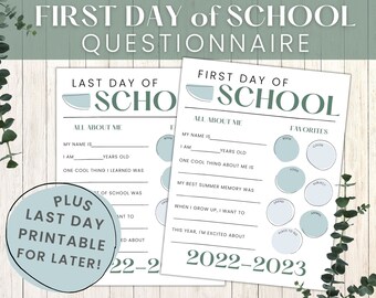 Può includere: Questionario stampabile per il primo e l'ultimo giorno di scuola con accenti verdi e blu. Il questionario pone domande sulle cose preferite dello studente, i suoi ricordi estivi e i suoi obiettivi per l'anno scolastico. Include anche una sezione per lo studente per scrivere sulle sue cose preferite.