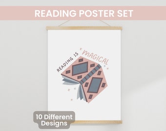 May include: A set of 10 printable reading posters featuring a pink and blue book with the text "Reading is Magical".