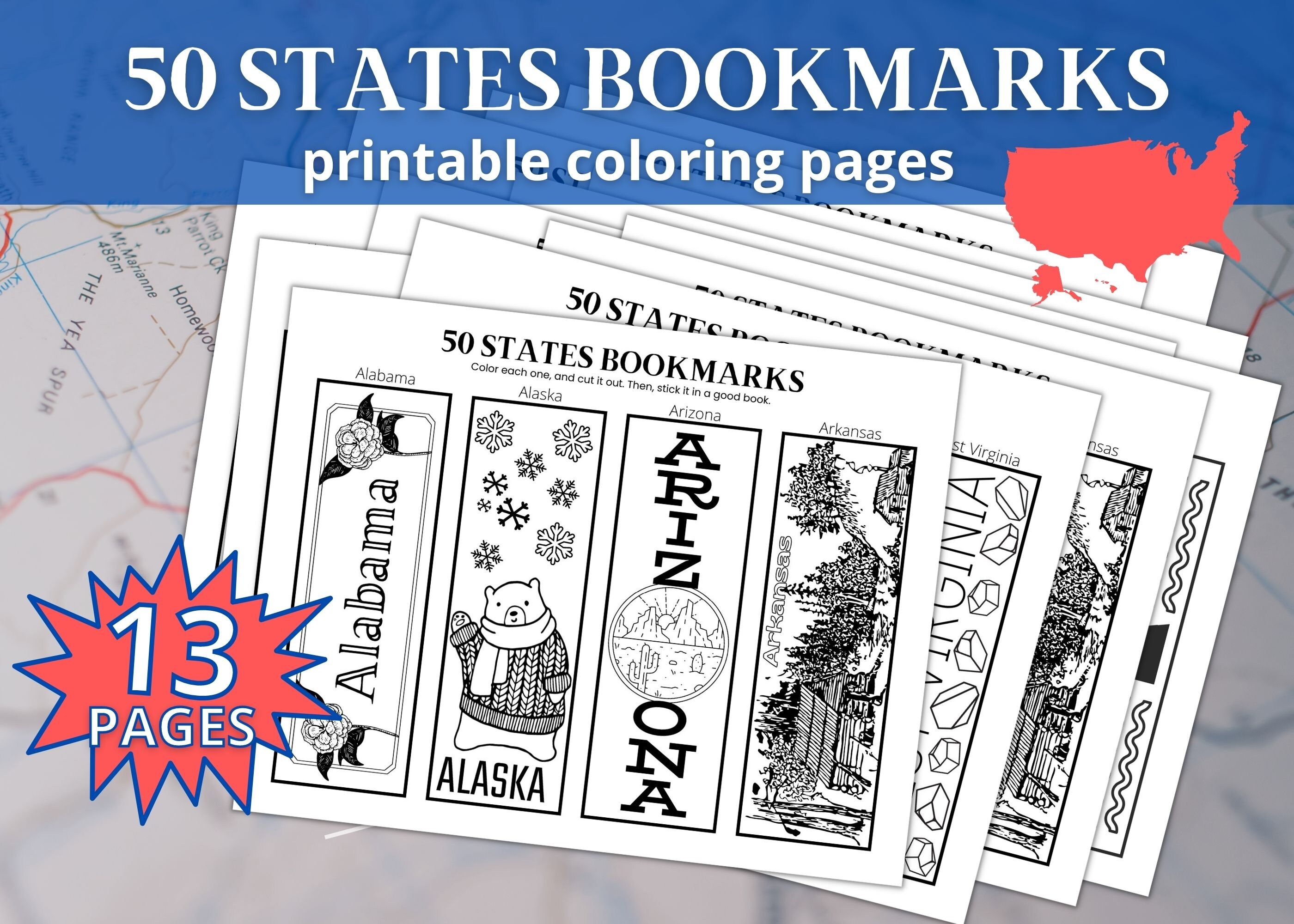 50 States Printable Bookmarks / 4th of July Coloring Pages / - Etsy