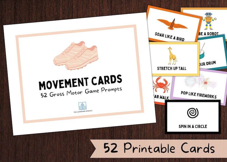 Puede incluir: Un conjunto de 52 tarjetas de movimiento imprimibles para ni&ntilde;os. Las tarjetas presentan ilustraciones coloridas y sugerencias como "Vuela como un p&aacute;jaro", "Estira hacia arriba", y "Haz pop como fuegos artificiales".
