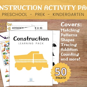 Construction Learning Printable Pack / Truck Quiet Book / Excavator Preschool Worksheets