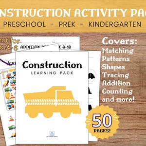 Construction Learning Printable Pack / Truck Quiet Book / Excavator Preschool Worksheets