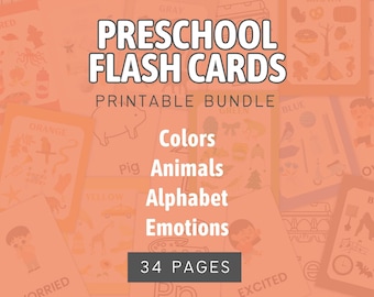 Preschool Printable Flash Cards Bundle, Color Flashcards,  Printable Emotions Activity, Alphabet Coloring Pages, Animals Preschool Game