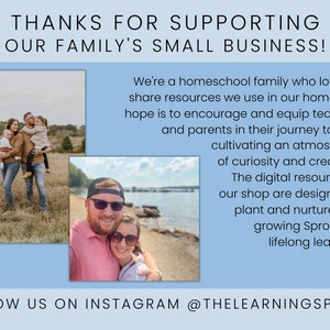 Puede incluir: Una familia de cuatro posa para una foto frente a un campo verde y un lago. La familia sonr&iacute;e y mira a la c&aacute;mara. El texto "THANKS FOR SUPPORTING OUR FAMILY'S SMALL BUSINESS!" est&aacute; en la parte superior de la imagen. El texto "We're a homeschool family who loves to share resources we use in our home! Our hope is to encourage and equip teachers and parents in their journey toward cultivating an atmosphere of curiosity and creativity. The digital resources in our shop are designed to plant and nurture your growing Sprouts in lifelong learning!" est&aacute; en el centro de la imagen. El texto "FOLLOW US ON INSTAGRAM @THELEARNINGSPROUT" est&aacute; en la parte inferior de la imagen.