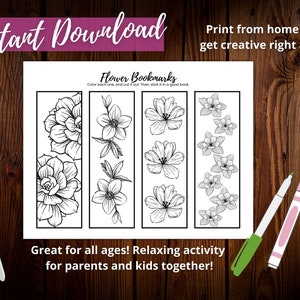 Puede incluir: Conjunto de marcap&aacute;ginas de flores imprimibles con cuatro dise&ntilde;os diferentes. Cada marcap&aacute;ginas presenta un contorno en blanco y negro de una flor. El texto "Flower Bookmarks" est&aacute; en la parte superior de la p&aacute;gina. El texto "Color each one, and cut it out. Then, stick it in a good book." est&aacute; debajo del t&iacute;tulo. El texto "Great for all ages! Relaxing activity for parents and kids together!" est&aacute; en la parte inferior de la p&aacute;gina.