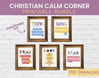 May include: Printable Christian Calm Corner bundle with five posters featuring colorful text and illustrations. The posters include the words "Think", "Sing", "Pray", "Look", and "Read" with corresponding Bible verses and activities. The posters are framed in gold and displayed on a white brick wall.