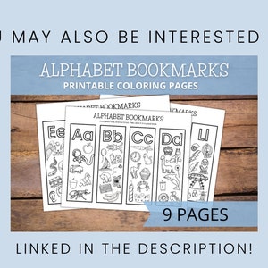 Puede incluir: Marcadores de p&aacute;gina imprimibles en blanco y negro con ilustraciones para cada letra. Los marcadores est&aacute;n dise&ntilde;ados para ser coloreados. El texto en la imagen dice "Marcadores de p&aacute;gina del alfabeto P&aacute;ginas para colorear imprimibles" y "9 p&aacute;ginas".