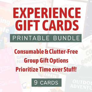 Puede incluir: Un collage de nueve tarjetas de regalo imprimibles con un esquema de color rojo y blanco. Las tarjetas presentan regalos basados en experiencias, como una cita para pintar, una noche de juegos, una cita acogedora para leer y una aventura al aire libre. El texto "EXPERIENCE GIFT CARDS PRINTABLE BUNDLE" se muestra en letras rojas grandes y en negrita en la parte superior de la imagen. El texto "Consumable & Clutter-Free Group Gift Options Prioritize Time over Stuff!" se muestra en letras negras debajo del título. El número "9 CARDS" se muestra en un círculo blanco con un borde rojo.