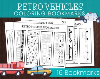 Retro Vehicle Printable Bookmarks / Car Coloring Pages / Trucks Bookmark Set