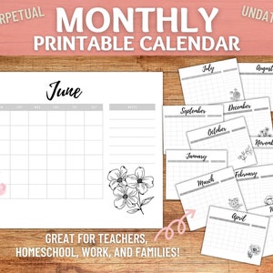 Blank Floral Monthly Calendar / Flower Perpetual Calendar / Classroom Printable Calendar