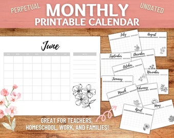 Blank Floral Monthly Calendar / Flower Perpetual Calendar / Classroom Printable Calendar