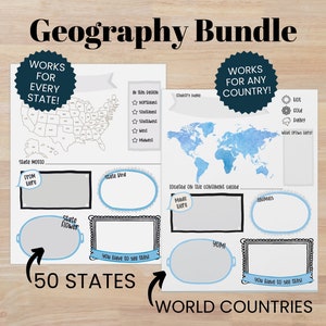 Geography Worksheet Bundle / 50 States Journal Page / Country Study Printable/ Social Studies Worksheet