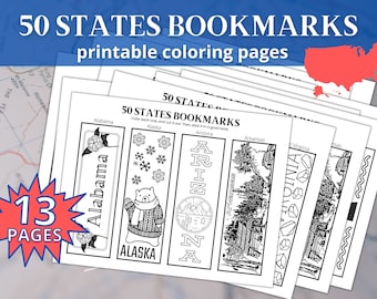 50 States Printable Bookmarks / 4th of July Coloring Pages / Independence Day Bookmark Set