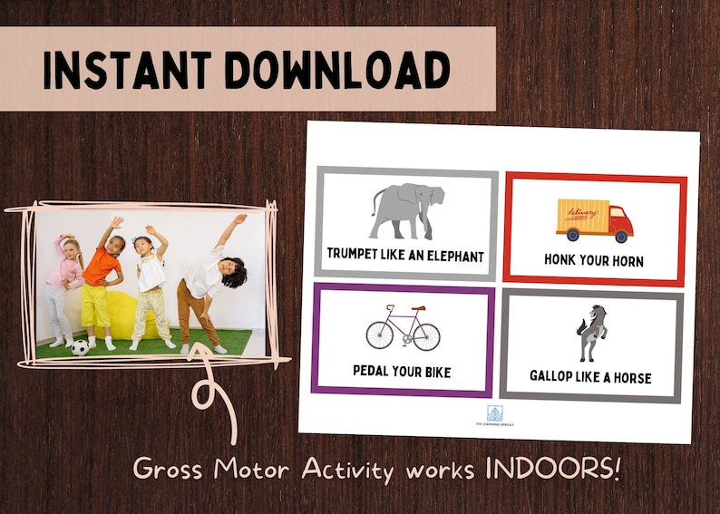 Puede incluir: Cartas imprimibles con ilustraciones e instrucciones para actividades de motricidad gruesa. Las cartas muestran un elefante, un cami&oacute;n, una bicicleta y un caballo. El texto en las cartas dice "Trompeta como un elefante", "Toca la bocina", "Pedalea tu bicicleta" y "Galopa como un caballo".