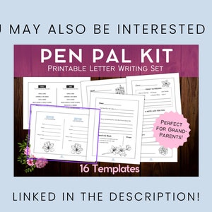 Puede incluir: Un kit de correspondencia para amigos por correo imprimible con 16 plantillas de escritura de cartas. El kit presenta un dise&ntilde;o floral y el texto "Pen Pal Kit" y "Printable Letter Writing Set". El texto "&iexcl;Perfecto para los abuelos!" tambi&eacute;n est&aacute; incluido.