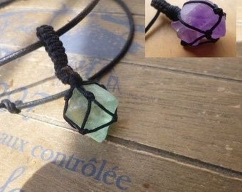 pendentif fluorite brute, pierre de gemme octaédral, fluorite ajustable homme, collier améthyste brute, collier noir réglable, talisman