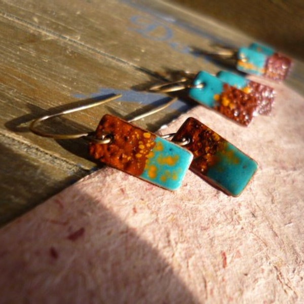 small rustic enamelled copper earrings, handmade turquoise copper earrings, small ethnic copper rectangles