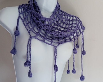 Écharpe mauve bohemienne crochet filet, châle fée gitane, tour de cou hippie, écharpe à franges longues, crochet dentelle mauve, pièce rare