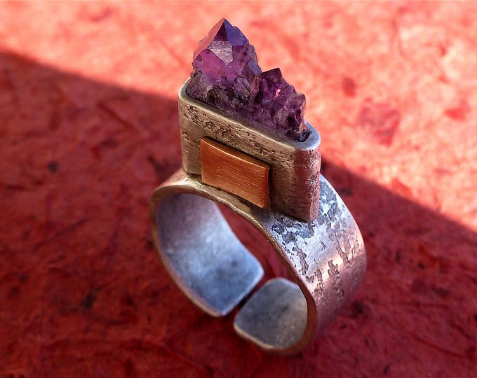Bague Ajustable En Acier Avec Perles Et Pierres Gemmes - Améthyste Clair - Neuf Avec étiquettes