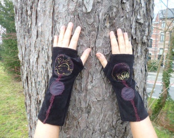mitaines noires aubergine, mitaines artisanales fines, gants elfiques, chauffe poignet tribal, boho, gants abstraites, accesoires uniques