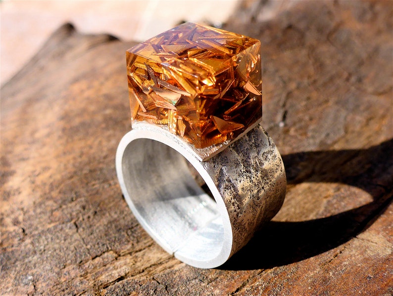 copper aluminum ring female-copper resin ring-epoxy ring-transparent cube ring-couple gift-original couple gift-OOAK
