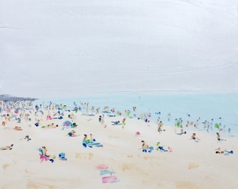 Original oil painting &#39;beach life - Hazy Days&#39; 20&quot;x20&quot; beach, ocean, sea, water, people, figuritive art,