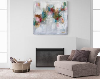large modern geometric abstract acrylic painting with layers and texture size 36x36 by Emma Bell Fine Art