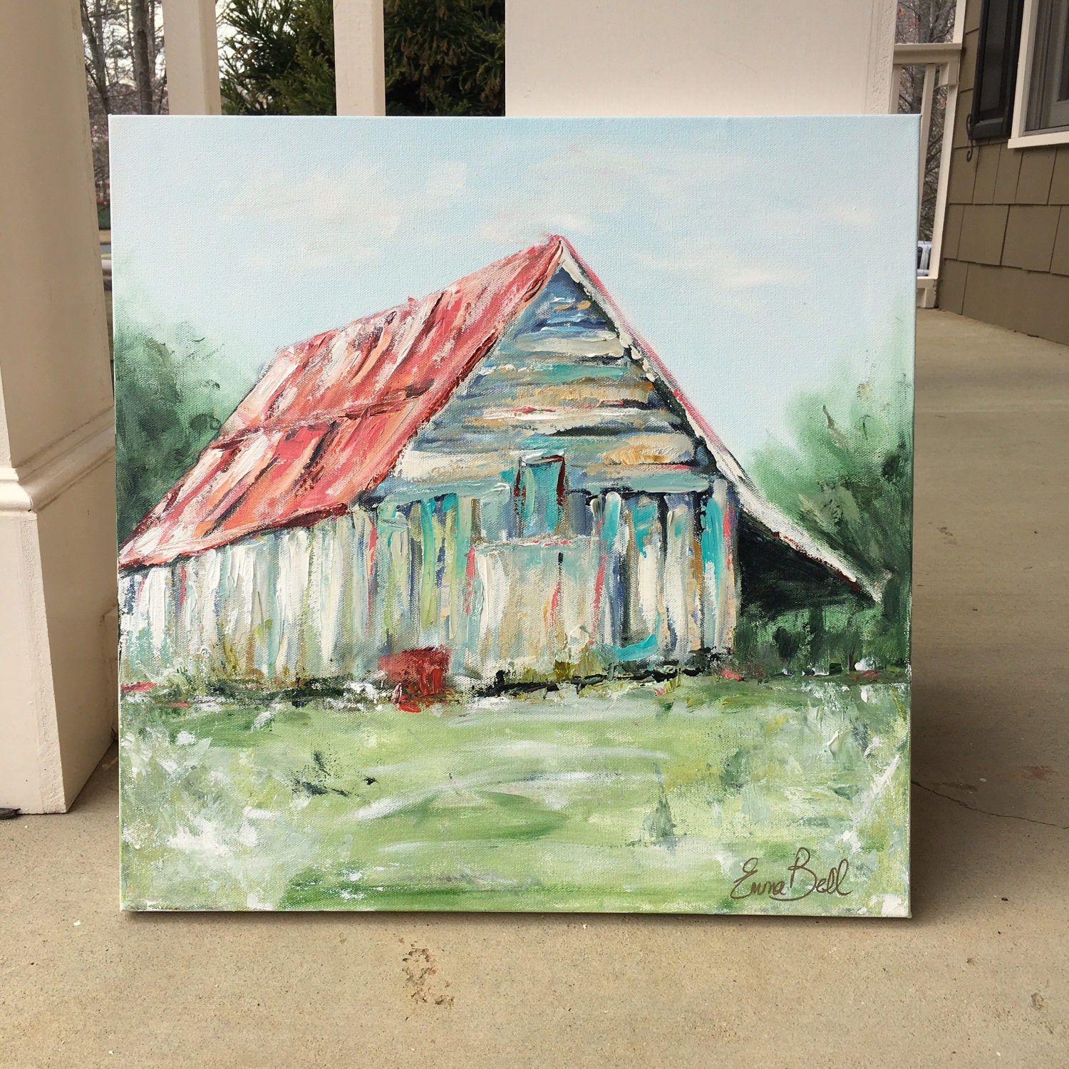 American Barn Painting: Original Acrylic Landscape, Textured Palette ...