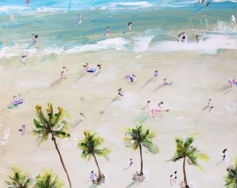 Original painting - &#39;Palm Beach&#39; 20x16 with acrylic paint and brush landscape, seascape, cityscape, aqua, gray, blue, pink
